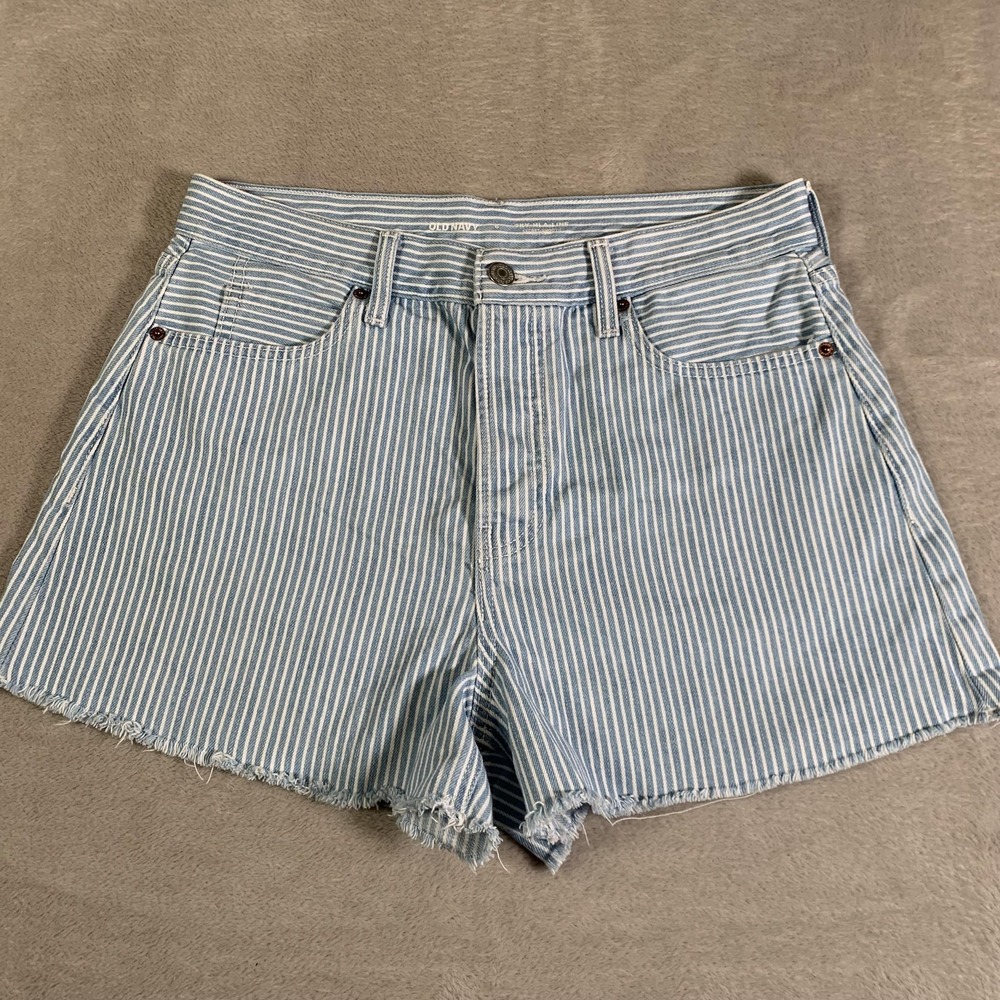 Old Navy Shorts Womens 6 Blue White Striped Sky-Hi A-Line High Rise Denim Frayed
